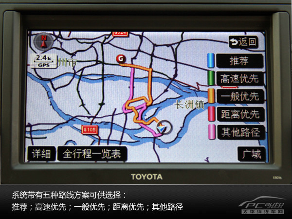 五种路线方案的选择行程一览表地图比例的调节路线的确认开始导航行车